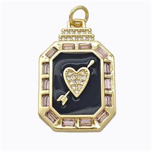 Copper Octagon Pendant Pave Zirconia Black Enamel Cupid Arrow Heart Gold Plated, approx 17-20mm