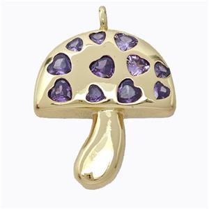 Copper Mushroom Pendant Micropave Purple Zirconia Gold Plated, approx 23-26mm