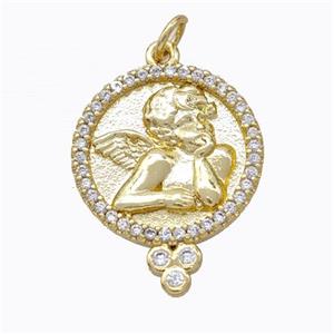 Copper Angel Pendant Micropave Zirconia Circle Gold Plated, approx 18mm