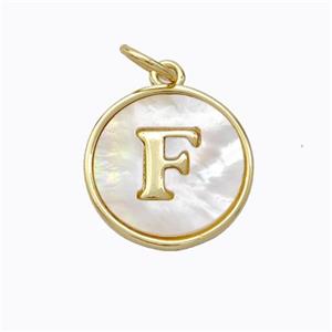 Copper Letter-F Pendant Pave Shell Gold Plated, approx 16mm