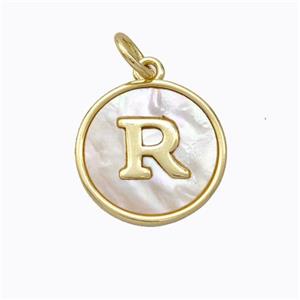 Copper Letter-R Pendant Pave Shell Gold Plated, approx 16mm