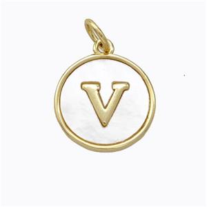 Copper Letter-V Pendant Pave Shell Gold Plated, approx 16mm