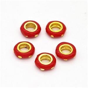 Copper Rondelle Beads Red Enamel Large Hole Gold Plated, approx 6mm, 3mm hole