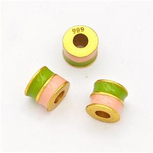 Copper Tube Beads Green Pink Enamel Large Hole Gold Plated, approx 5mm, 2mm hole