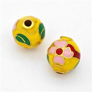 Copper Round Beads Cloisonne Multicolor Flower Gold Plated, approx 10-11mm