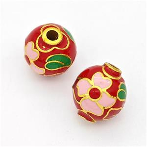 Copper Round Beads Cloisonne Multicolor Flower Gold Plated, approx 10-11mm