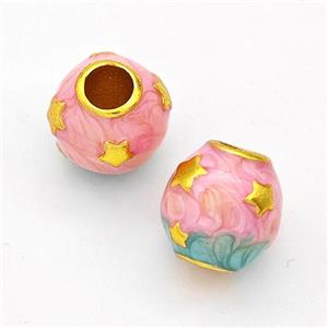 Copper Round Beads Pink Painted Large Hole Gold Plated, approx 10mm, 4mm hole