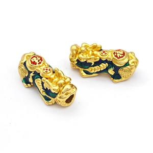 Copper Pixiu Charms Beads Darkgreen Enamel Large Hole Gold Plated, approx 13-26mm, 4mm hole