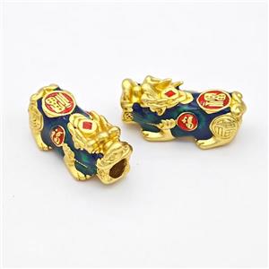 Copper Pixiu Charms Beads Bluegreen Enamel Large Hole Gold Plated, approx 13-26mm, 4mm hole