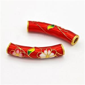 Copper Tube Beads Curving Red Painted Flower Large Hole Gold Plated, approx 7.5-36mm, 4mm hole