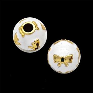 Copper Round Beads White Enamel Butterfly Gold Plated, approx 10mm