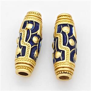 Copper Rice Beads Darkblue Enamel Large Hole Gold Plated, approx 10-28mm, 4mm hole