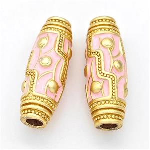 Copper Rice Beads Pink Enamel Large Hole Gold Plated, approx 10-28mm, 4mm hole