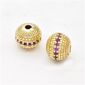 Copper Round Beads Micro Pave Fuchsia Zirconia Gold Plated, approx 8mm