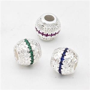 Copper Round Beads Micro Pave Zirconia Large Hole Shiny Silver Mixed, approx 8mm, 4mm hole