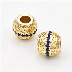 Copper Round Beads Micro Pave Blue Zirconia Large Hole Gold Plated, approx 8mm, 4mm hole