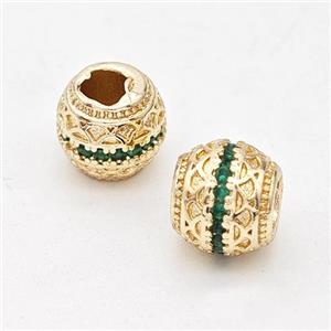 Copper Round Beads Micro Pave Green Zirconia Large Hole Gold Plated, approx 8mm, 4mm hole