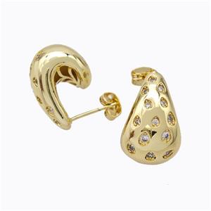 Copper Comma Stud Earrings Micropave Zirconia Hollow Gold Plated, approx 20-30mm