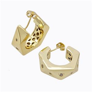 Copper Stud Earrings Micro Pave Zirconia C-Shape Hollow Gold Plated, approx 25mm