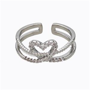 Copper Ring Heart Pave Zirconia Platinum Plated, approx 8-9mm, 18mm dia