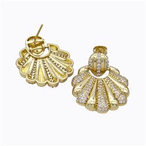 Copper Scallop Stud Earrings Micropave Zirconia Gold Plated, approx 25-30mm