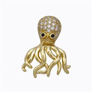 Copper Octopus Pendant Micropave Zirconia Gold Plated, approx 15-23mm