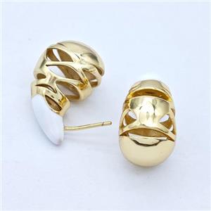 Copper Teardrop Stud Earrings White Enamel Hollow Gold Plated, approx 13-25mm