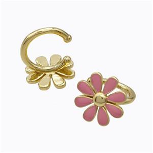 Copper Daisy Clip Earrings Flower Pink Enamel Gold Plated, approx 15mm, 15mm dia