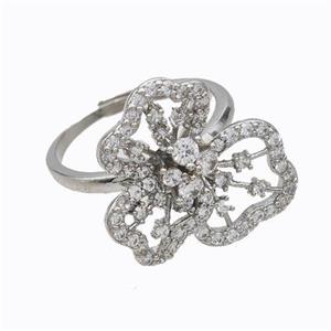 Copper Flower Rings Micropave Zirconia Adjustable Platinum Plated, approx 20mm, 18mm dia