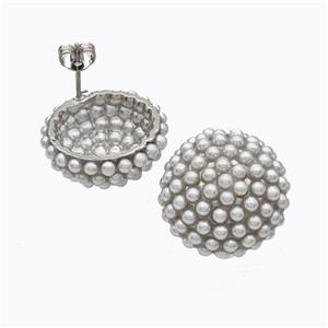 Copper Stud Earrings Micropave Pearlized Resin Button Platinum Plated, approx 21mm