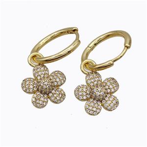 Copper Flower Hoop Earrings Pave Zirconia Gold Plated, approx 13.5mm, 16mm dia