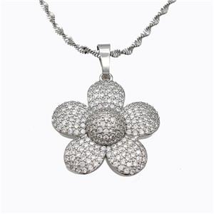 Copper Flower Necklace Pave Zirconia Platinum Plated, approx 25mm, 2mm, 42-47cm length