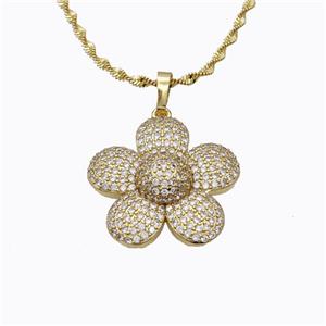 Copper Flower Necklace Pave Zirconia Gold Plated, approx 25mm, 2mm, 42-47cm length