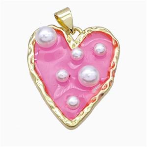 Copper Heart Pendant Pave Pearlized Resin Pink Gold Plated, approx 20-25mm