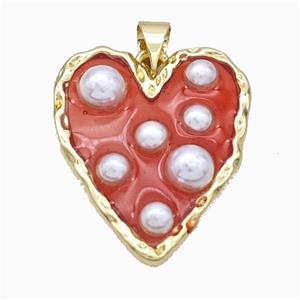 Copper Heart Pendant Pave Pearlized Resin Red Gold Plated, approx 20-25mm