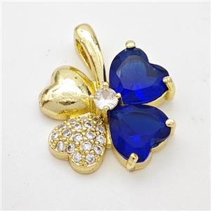 Copper Clover Pendant Pave Zirconia Blue Crystal Glass Gold Plated, approx 20-24mm