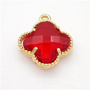 Red Crystal Glass Copper Clover Pendant Gold Plated, approx 16mm