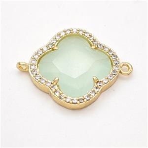 Lt.green Jadeite Glass Copper Clover Connector Pave Zirconia Gold Plated, approx 20mm