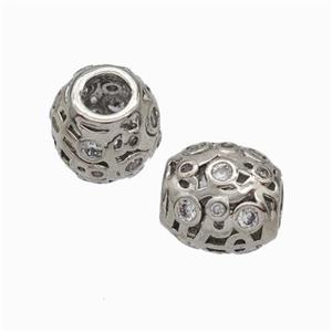 Copper Barrel Beads Micropave Zirconia Large Hole Platinum Plated, approx 9-10mm, 4mm hole