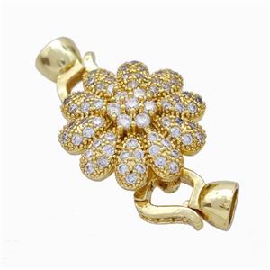 Copper Cordend Clasp Pave Zirconia Flower Gold Plated, approx 20mm, 7-12mm