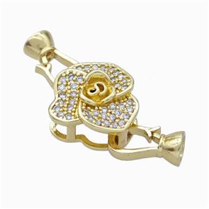 Copper Cordend Clasp Pave Zirconia Flower Gold Plated, approx 15-16mm, 7-12mm