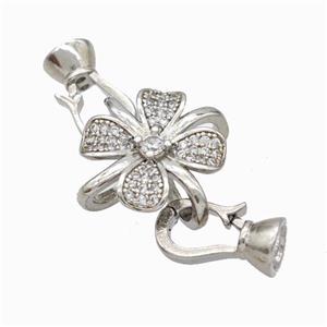 Copper Cordend Clasp Pave Zirconia Clover Platinum Plated, approx 18mm, 7-12mm