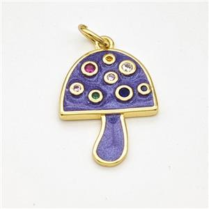 Copper Mushroom Pendant Pave Zirconia Purple Painted Gold Plated, approx 16-20mm