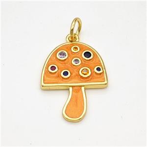 Copper Mushroom Pendant Pave Zirconia Orange Painted Gold Plated, approx 16-20mm