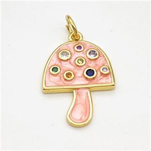 Copper Mushroom Pendant Pave Zirconia Pink Painted Gold Plated, approx 16-20mm