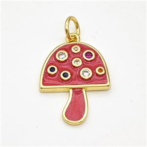 Copper Mushroom Pendant Pave Zirconia Red Painted Gold Plated, approx 16-20mm