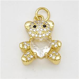 Copper Bear Pendant Micropave Zirconia Clear Crystal Glass Gold Plated, approx 16-17mm