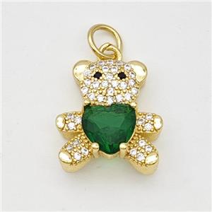 Copper Bear Pendant Micropave Zirconia Green Crystal Glass Gold Plated, approx 16-17mm