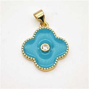 Copper Clover Pendant Teal Enamel Gold Plated, approx 18mm