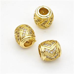 Copper Barrel Beads Micropave Zirconia Large Hole Gold Plated, approx 10mm